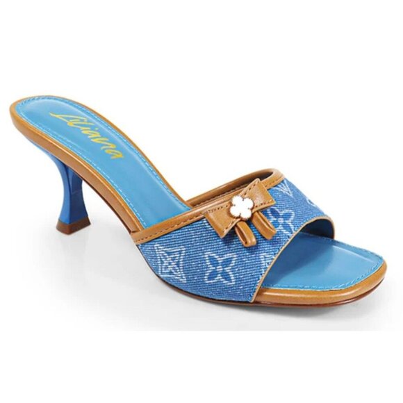 LILIANA / Dana-1 / Blue Denim / Open-Toe Heels / With Floral Accent & Tan Trim - Picture 1 of 8